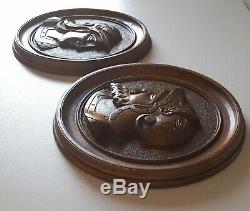 Gothic figure warrior panel pair Antique french round carving medieval mount