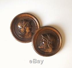 Gothic figure warrior panel pair Antique french round carving medieval mount
