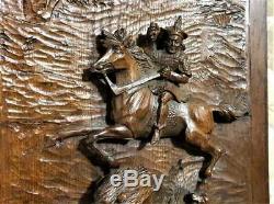 Gothic hunting scene wood carving panel Antique french architectural salvage