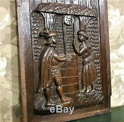 Gothic medieval galant scene carving panel Antique french architectural salvage