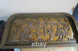 Hand Carved Antique Chinese Japanese Camphor Wood Panel Wall Art Geisha 19x 35