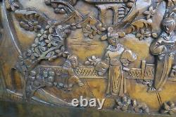 Hand Carved Antique Chinese Japanese Camphor Wood Panel Wall Art Geisha 19x 35