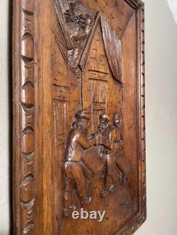 Hand Carved Belgian Antique Oak Wood Panel with Bar/Drinking Scene