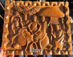 Hand Carved Ethnic Wood Carving Storyboad Panel Tribal Art Men Women Tree Drums