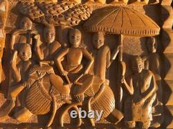 Hand Carved Ethnic Wood Carving Storyboad Panel Tribal Art Men Women Tree Drums