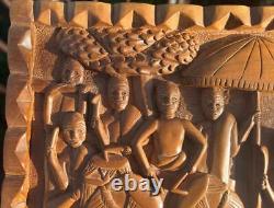 Hand Carved Ethnic Wood Carving Storyboad Panel Tribal Art Men Women Tree Drums