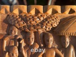 Hand Carved Ethnic Wood Carving Storyboad Panel Tribal Art Men Women Tree Drums