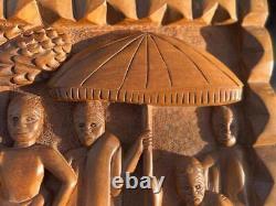 Hand Carved Ethnic Wood Carving Storyboad Panel Tribal Art Men Women Tree Drums