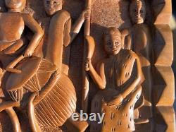 Hand Carved Ethnic Wood Carving Storyboad Panel Tribal Art Men Women Tree Drums