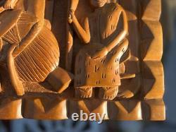 Hand Carved Ethnic Wood Carving Storyboad Panel Tribal Art Men Women Tree Drums