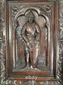 Hand Carved Gothic Antique Oak Wood Panel with a Knight