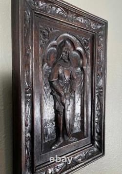 Hand Carved Gothic Antique Oak Wood Panel with a Knight