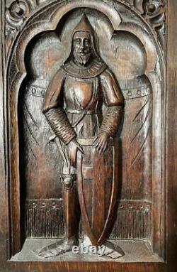 Hand Carved Gothic Antique Oak Wood Panel with a Knight