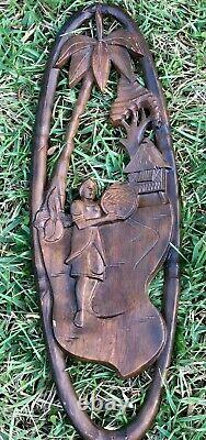 Hand Carved Teak Panel Art Mural Wood Carving Wall Hang Plaque Pair (2) Vintage