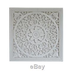 Hand Carved White Ornate Mango Wood Art Plaque Square Wall Panel Decoration