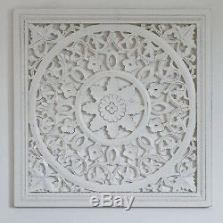 Hand Carved White Ornate Mango Wood Art Plaque Square Wall Panel Decoration