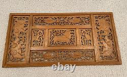 Hand Carved Wood Animal Decor Wall Art Relief Panel Elephants Lions Birds