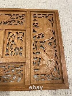 Hand Carved Wood Animal Decor Wall Art Relief Panel Elephants Lions Birds