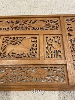 Hand Carved Wood Animal Decor Wall Art Relief Panel Elephants Lions Birds