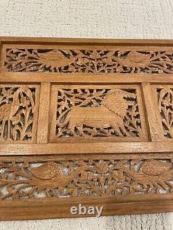 Hand Carved Wood Animal Decor Wall Art Relief Panel Elephants Lions Birds