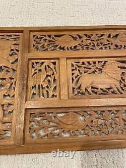 Hand Carved Wood Animal Decor Wall Art Relief Panel Elephants Lions Birds