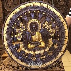 Hand Carved Wood Buddha Statue Wall Hanging Panel Golden Brown Home Decor