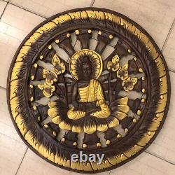 Hand Carved Wood Buddha Statue Wall Hanging Panel Golden Brown Home Decor