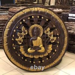 Hand Carved Wood Buddha Statue Wall Hanging Panel Golden Brown Home Decor