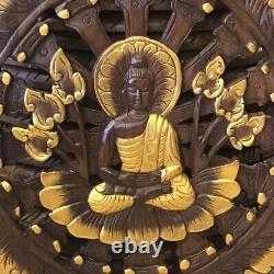 Hand Carved Wood Buddha Statue Wall Hanging Panel Golden Brown Home Decor