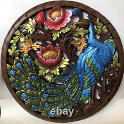 Hand Carved Wood Floral Peacock Wall Hanging Panel Home Decor 60 cm