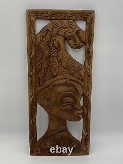 Hand Carved Wood Panel Wall Art Sculpture Balinese Women Fishes 11 X 26'