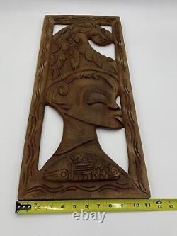 Hand Carved Wood Panel Wall Art Sculpture Balinese Women Fishes 11 X 26'