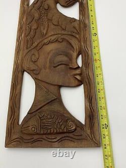 Hand Carved Wood Panel Wall Art Sculpture Balinese Women Fishes 11 X 26'