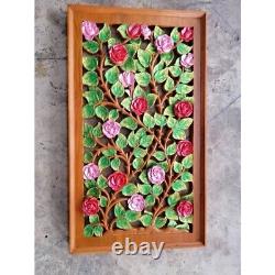 Hand Carved Wood Roses Wall Hanging Panel Home Decor