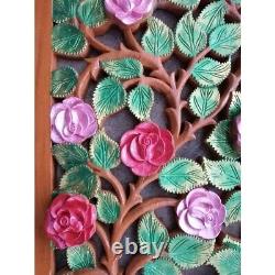Hand Carved Wood Roses Wall Hanging Panel Home Decor