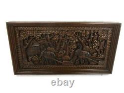 Hand Carved Wood Wall Art Panel Bas High Relief Eastern Scene with Elephants bea