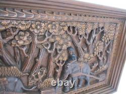 Hand Carved Wood Wall Art Panel Bas High Relief Eastern Scene with Elephants bea