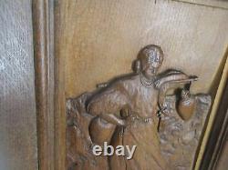 Hand Carved Wood Wall Art Panel Bas Relief Woman Carrying Water Buckets Rebecca