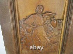 Hand Carved Wood Wall Art Panel Bas Relief Woman Carrying Water Buckets Rebecca