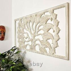 Hand Carved Wooden Tree of Destiny Wall Art Panel Headboard Distressed White