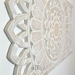 Hand Carved Wooden Wall Art Mandala Headboard Decorative Panel Distressed