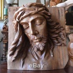 Hand Carved wood Christ Jesus Head sculpture panel religious santo
