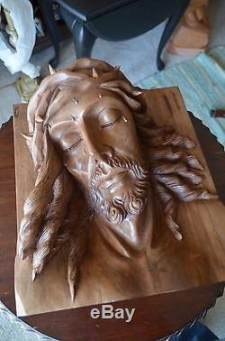 Hand Carved wood Christ Jesus Head sculpture panel religious santo