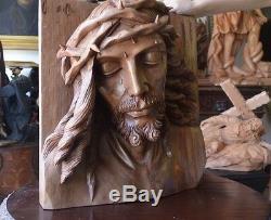 Hand Carved wood Christ Jesus Head sculpture panel religious santo