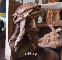 Hand Carved wood Christ Jesus Head sculpture panel religious santo