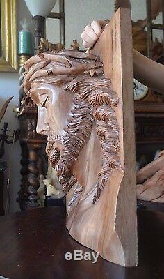 Hand Carved wood Christ Jesus Head sculpture panel religious santo