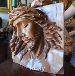 Hand Carved wood Christ Jesus Head sculpture panel religious santo