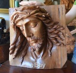 Hand Carved wood Christ Jesus Head sculpture panel religious santo