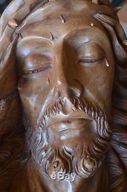 Hand Carved wood Christ Jesus Head sculpture panel religious santo