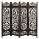 Handcrafted Wooden 4 Panel Room Divider Screen Featuring Lotus Pattern Revers